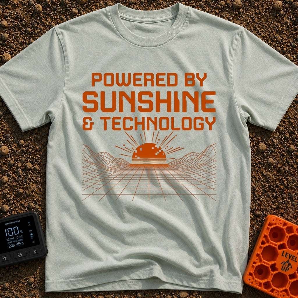 Wired For Sunshine - T-Shirt in Bay - The artwork features the text "POWERED BY SUNSHINE & TECHNOLOGY" in a bold, blocky...