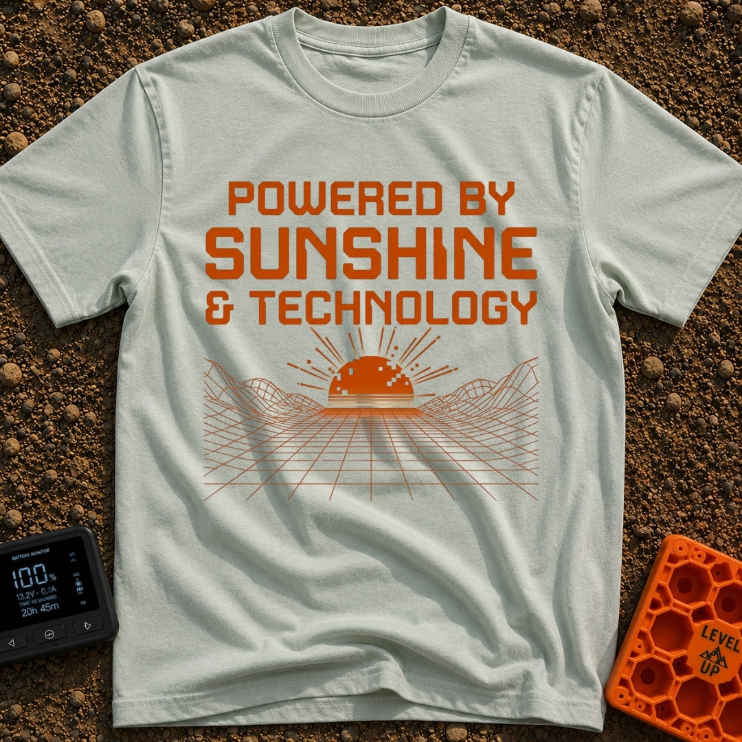 Wired For Sunshine - T-Shirt in Bay - The artwork features the text "POWERED BY SUNSHINE & TECHNOLOGY" in a bold, blocky...