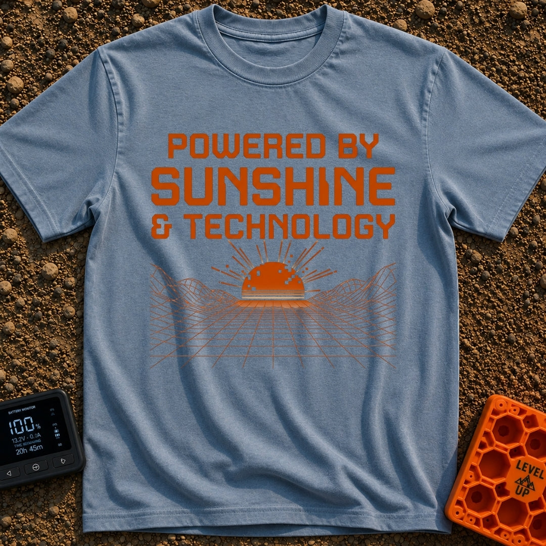 Wired For Sunshine - T-Shirt in Blue Jean - The artwork features the text "POWERED BY SUNSHINE & TECHNOLOGY" in a bold,...