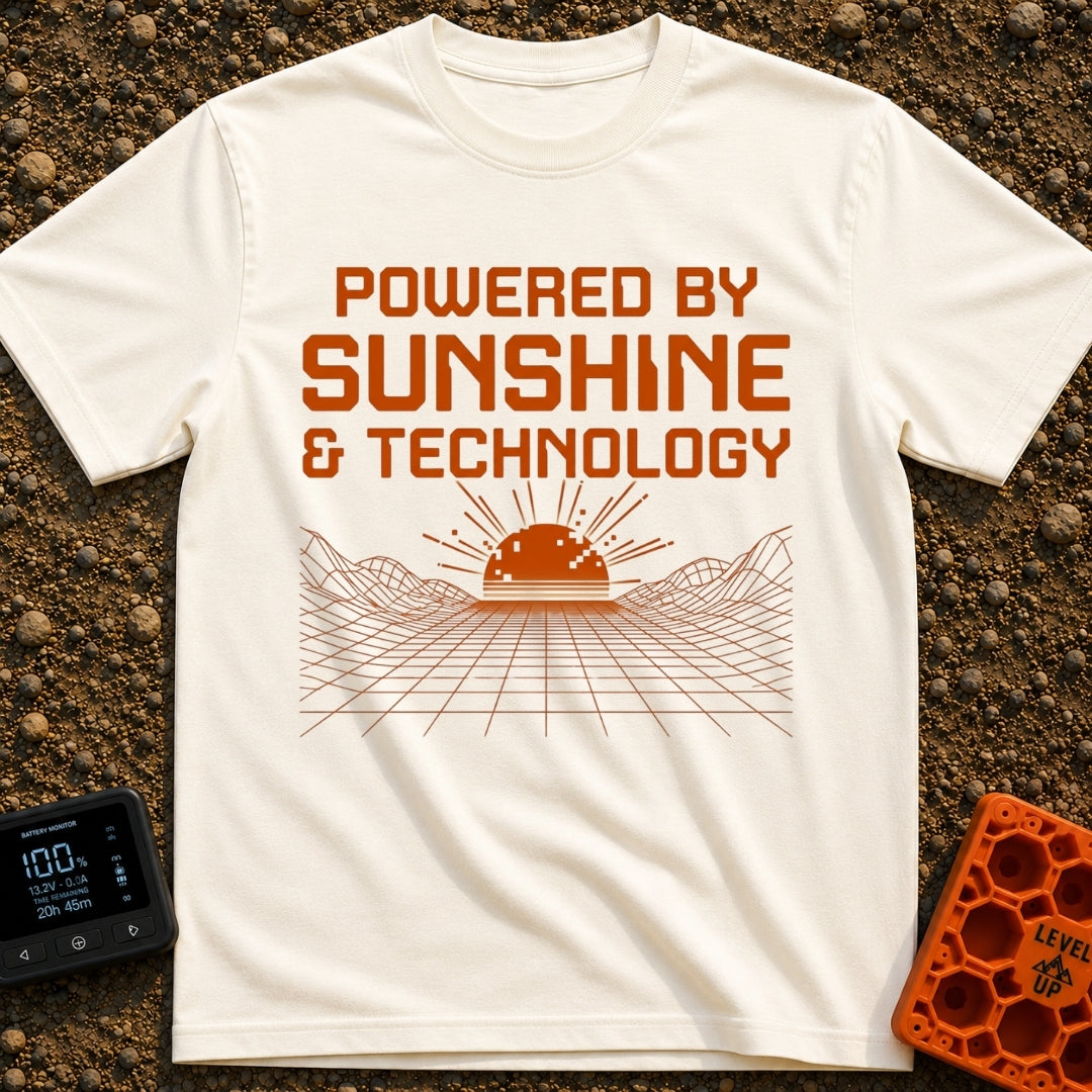Wired For Sunshine - T-Shirt in Ivory - The artwork features the text "POWERED BY SUNSHINE & TECHNOLOGY" in a bold,...