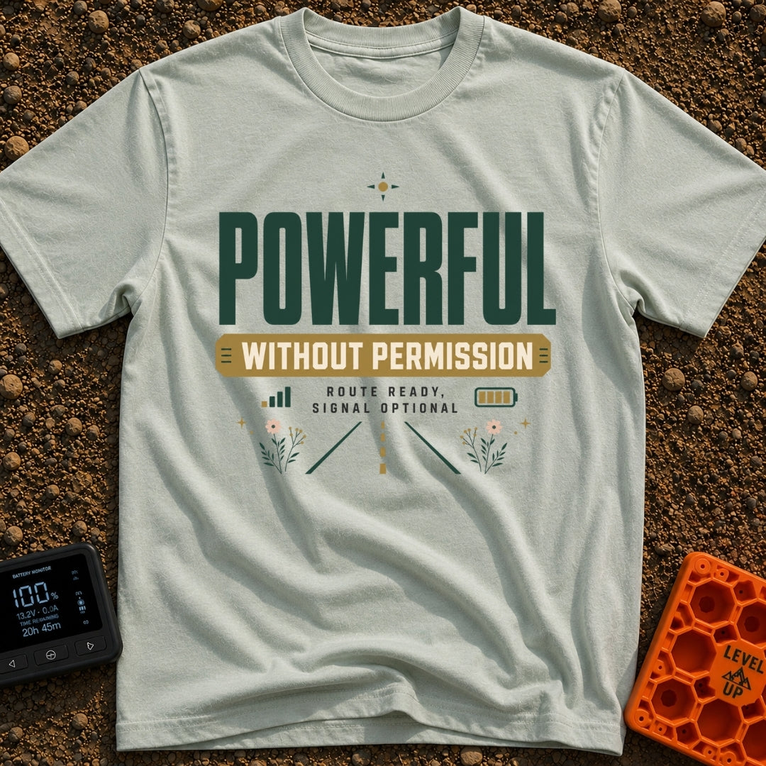 Off Grid Power Trip - T-Shirt in Bay - A typographic design featuring the text "POWERFUL WITHOUT PERMISSION" and "ROUTE...