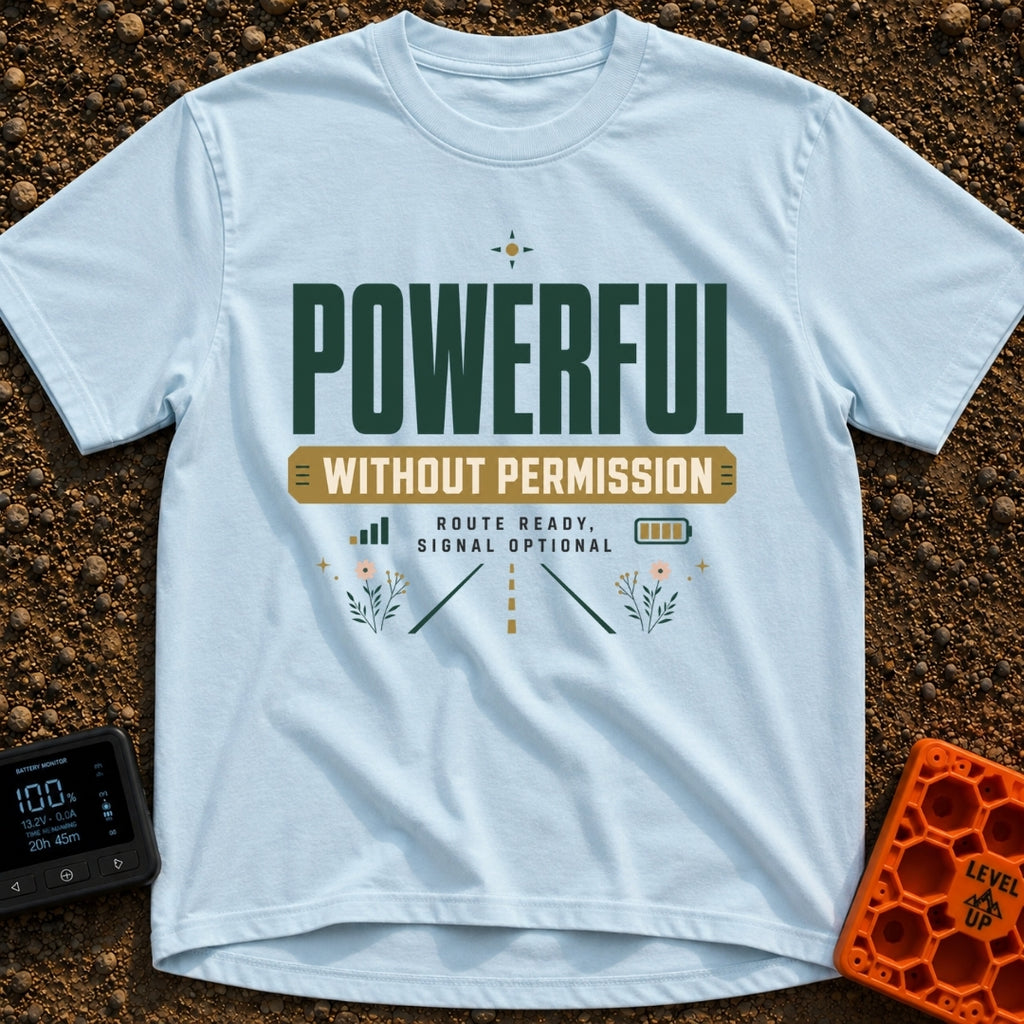 Off Grid Power Trip - T-Shirt in Chambray - A typographic design featuring the text "POWERFUL WITHOUT PERMISSION" and...