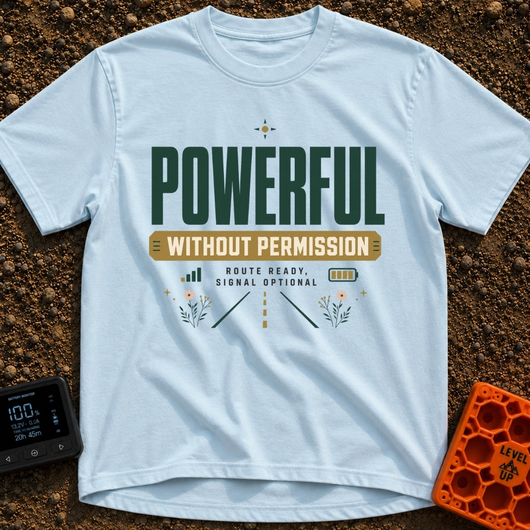 Off Grid Power Trip - T-Shirt in Chambray - A typographic design featuring the text "POWERFUL WITHOUT PERMISSION" and...