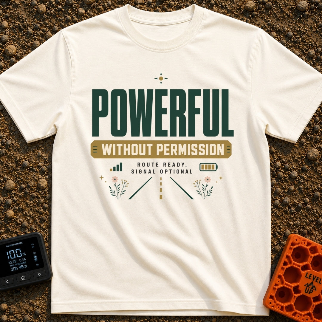 Off Grid Power Trip - T-Shirt in Ivory - A typographic design featuring the text "POWERFUL WITHOUT PERMISSION" and "ROUTE...