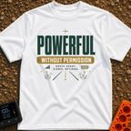Off Grid Power Trip - T-Shirt in White - A typographic design featuring the text "POWERFUL WITHOUT PERMISSION" and "ROUTE...