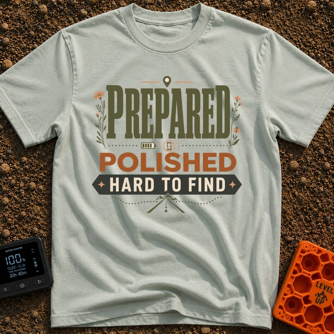Pretty Hard To Find - T-Shirt in Bay - A typography-based design featuring the stacked text 'PREPARED POLISHED HARD TO...