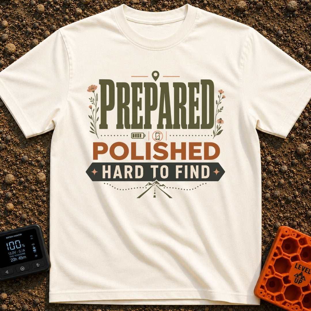 Pretty Hard To Find - T-Shirt in Ivory - A typography-based design featuring the stacked text 'PREPARED POLISHED HARD TO...