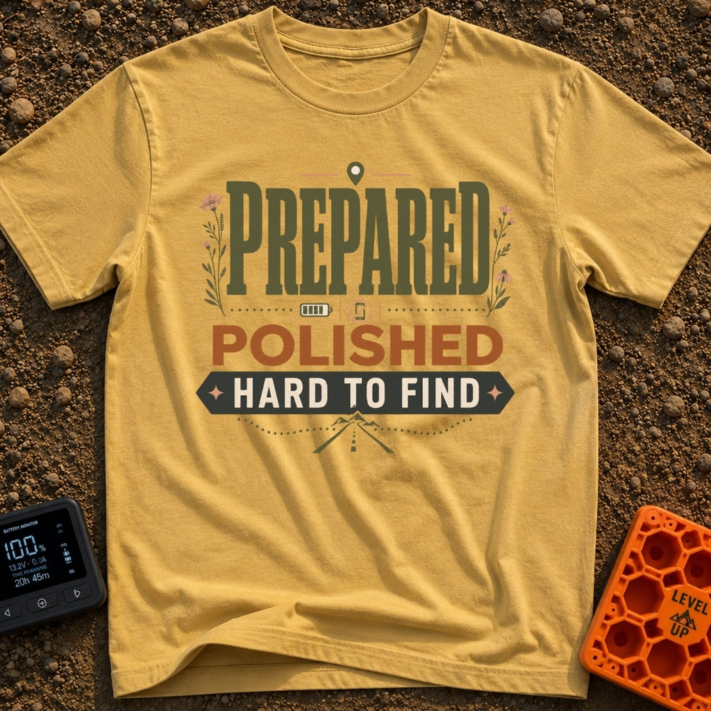 Pretty Hard To Find - T-Shirt in Mustard - A typography-based design featuring the stacked text 'PREPARED POLISHED HARD...