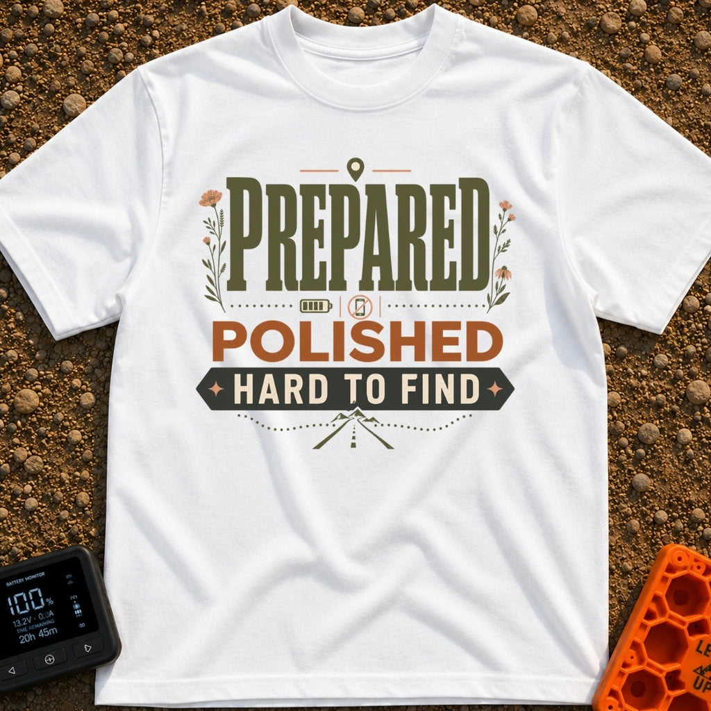 Pretty Hard To Find - T-Shirt in White - A typography-based design featuring the stacked text 'PREPARED POLISHED HARD TO...