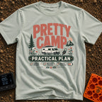 Camp Life Sorted - T-Shirt in Bay - The design features large text reading "PRETTY CAMP" and "PRACTICAL PLAN" surrounding...