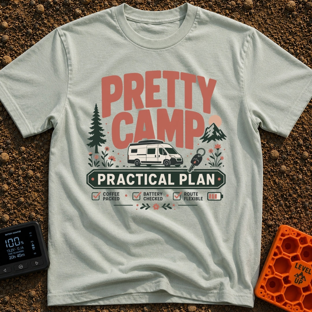 Camp Life Sorted - T-Shirt in Bay - The design features large text reading "PRETTY CAMP" and "PRACTICAL PLAN" surrounding...