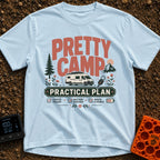 Camp Life Sorted - T-Shirt in Chambray - The design features large text reading "PRETTY CAMP" and "PRACTICAL PLAN"...