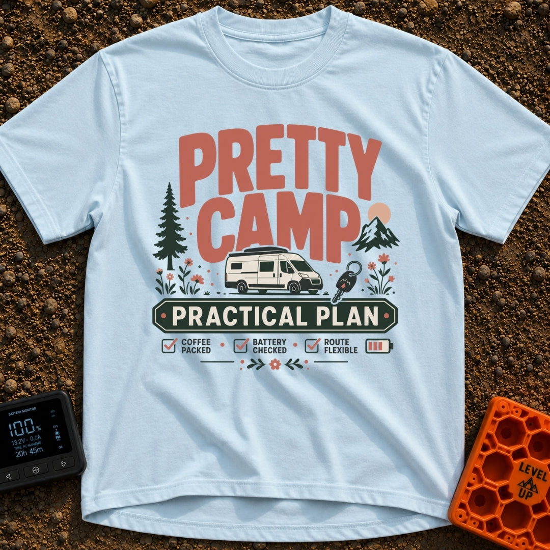 Camp Life Sorted - T-Shirt in Chambray - The design features large text reading "PRETTY CAMP" and "PRACTICAL PLAN"...