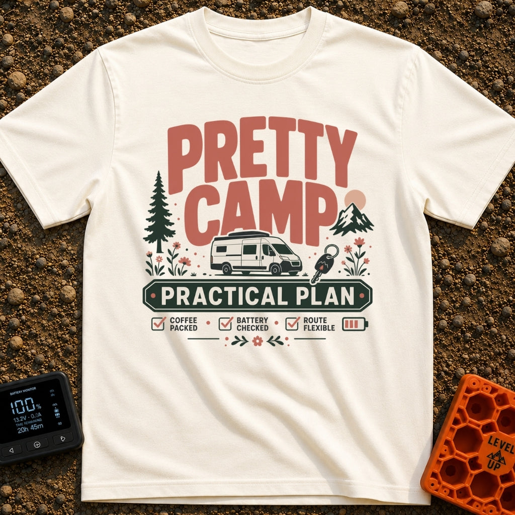 Camp Life Sorted - T-Shirt in Ivory - The design features large text reading "PRETTY CAMP" and "PRACTICAL PLAN"...