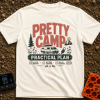 Camp Life Sorted - T-Shirt in Ivory - The design features large text reading "PRETTY CAMP" and "PRACTICAL PLAN"...