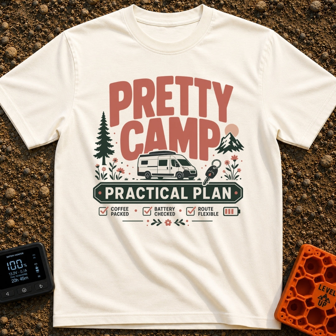 Camp Life Sorted - T-Shirt in Ivory - The design features large text reading "PRETTY CAMP" and "PRACTICAL PLAN"...