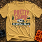 Camp Life Sorted - T-Shirt in Mustard - The design features large text reading "PRETTY CAMP" and "PRACTICAL PLAN"...