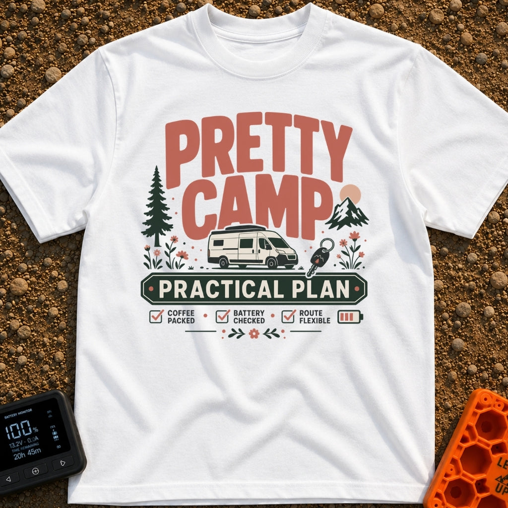 Camp Life Sorted - T-Shirt in White - The design features large text reading "PRETTY CAMP" and "PRACTICAL PLAN"...