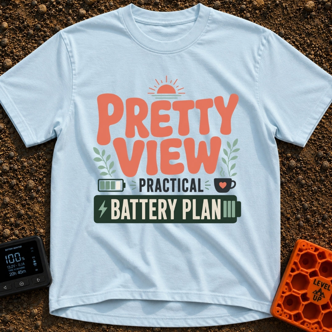 Powerful Views Ahead - T-Shirt in Chambray - Typographic design reading "PRETTY VIEW PRACTICAL BATTERY PLAN" surrounded...