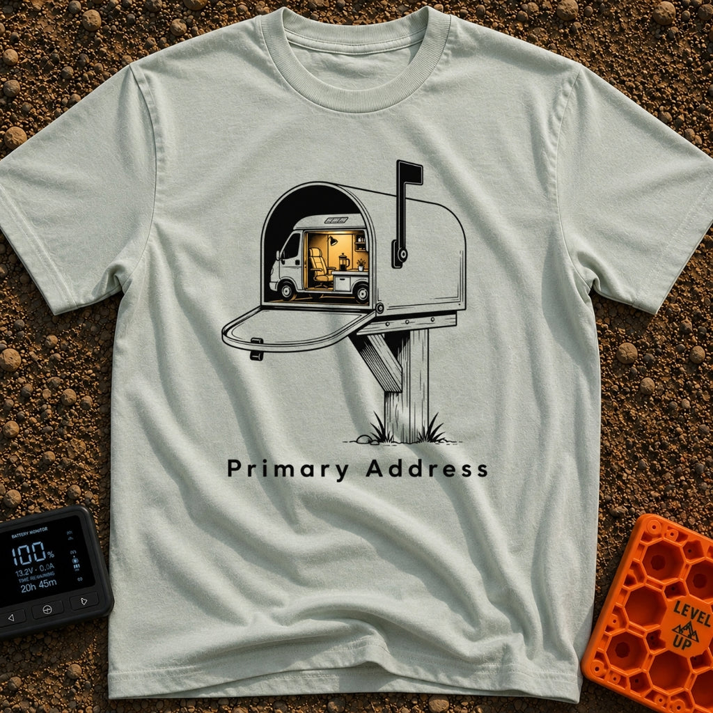 My Permanent Address - T-Shirt in Bay - An illustration of an open rural mailbox on a wooden post, with a camper van...