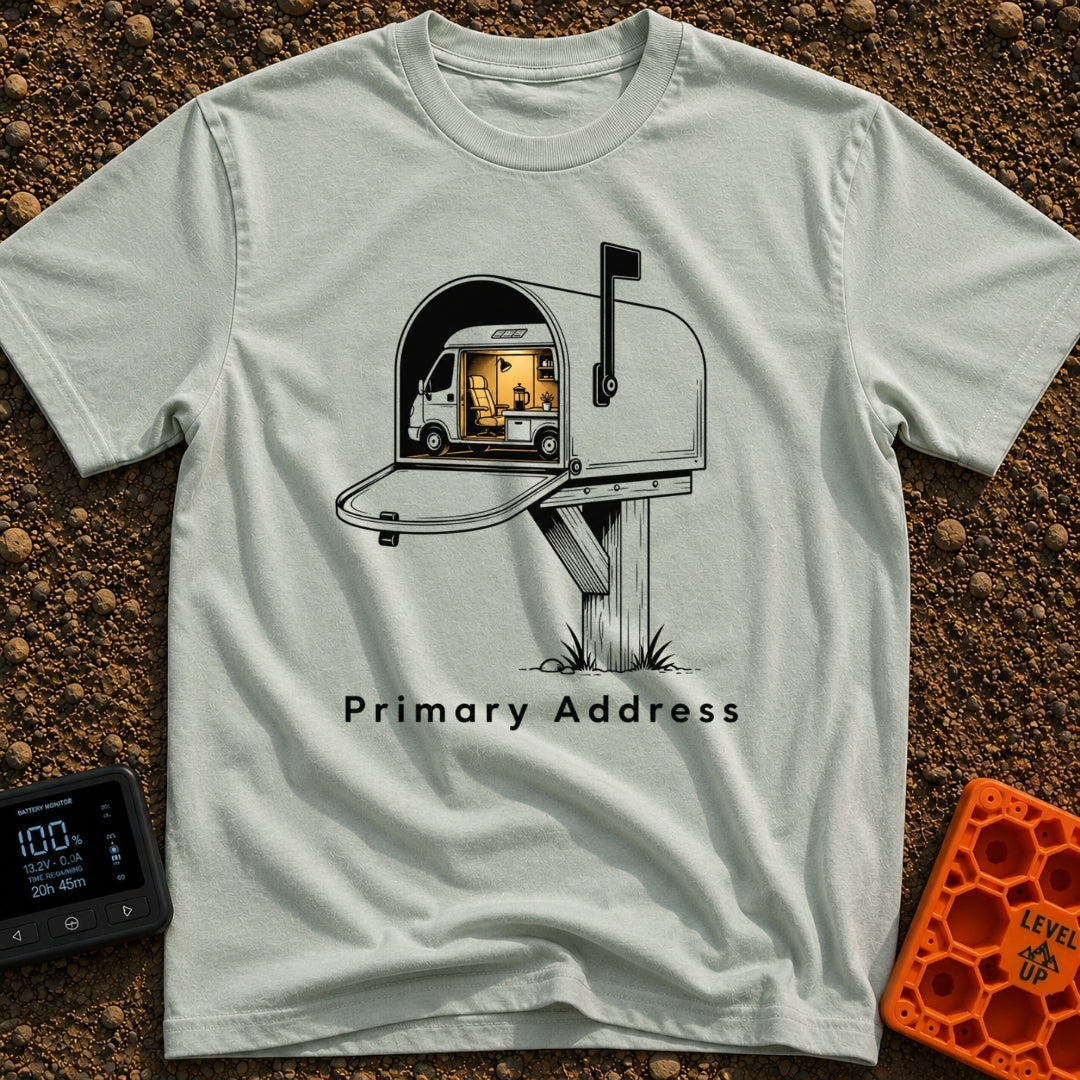 My Permanent Address - T-Shirt in Bay - An illustration of an open rural mailbox on a wooden post, with a camper van...