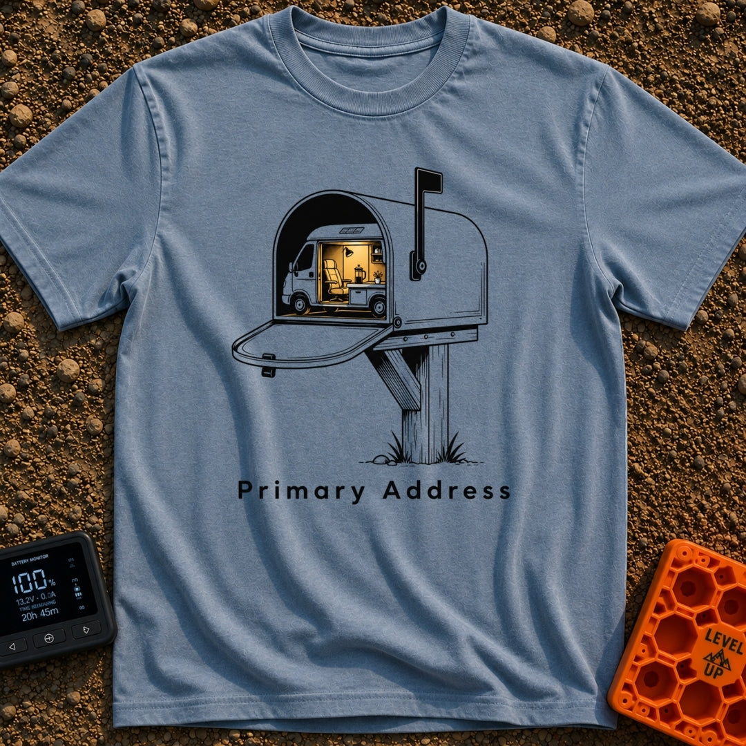 My Permanent Address - T-Shirt in Blue Jean - An illustration of an open rural mailbox on a wooden post, with a camper...