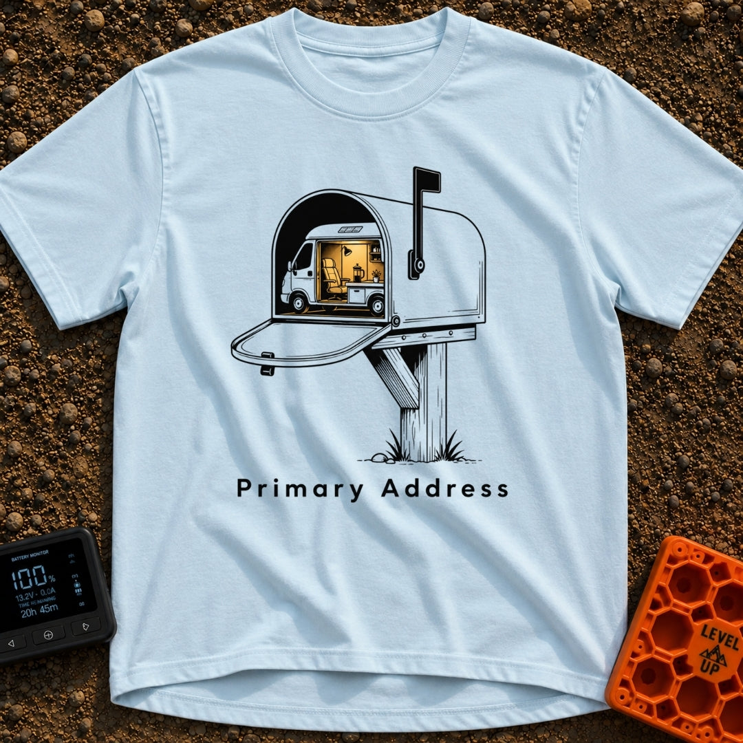 My Permanent Address - T-Shirt in Chambray - An illustration of an open rural mailbox on a wooden post, with a camper van...