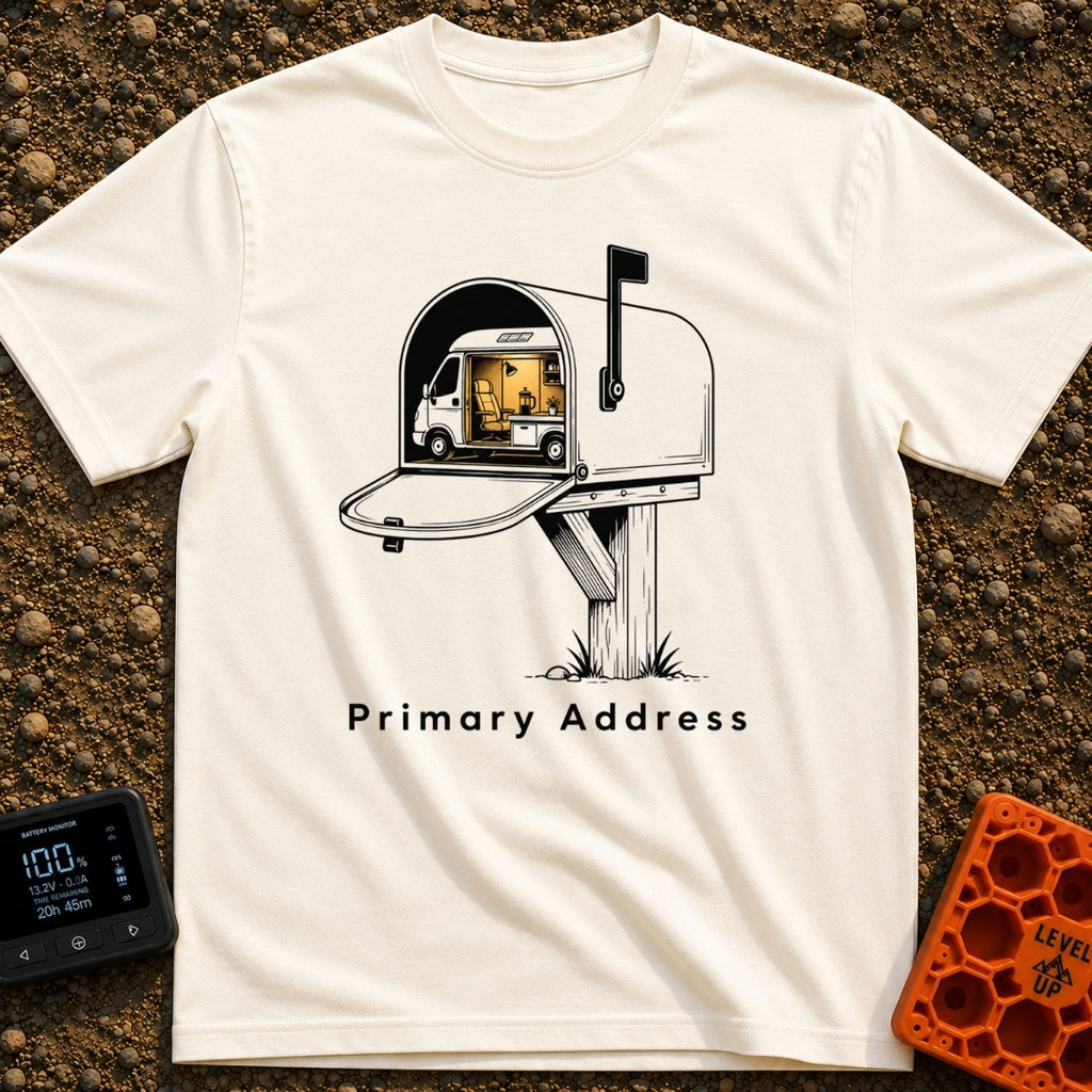 My Permanent Address - T-Shirt in Ivory - An illustration of an open rural mailbox on a wooden post, with a camper van...