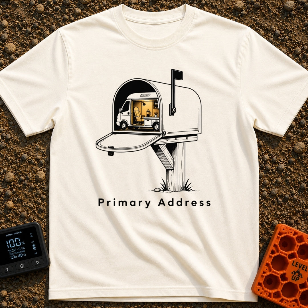 My Permanent Address - T-Shirt in Ivory - An illustration of an open rural mailbox on a wooden post, with a camper van...