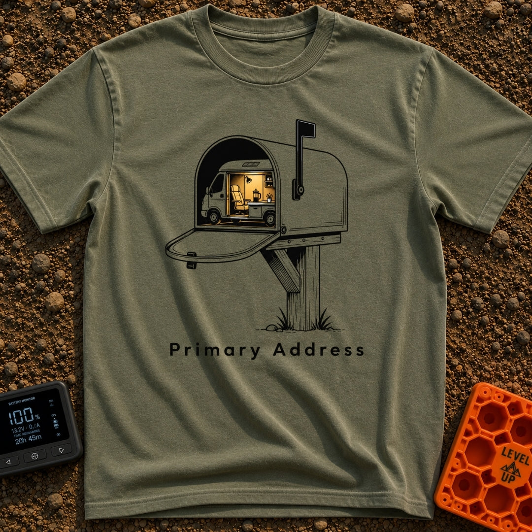 My Permanent Address - T-Shirt in Moss - An illustration of an open rural mailbox on a wooden post, with a camper van...