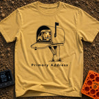 My Permanent Address - T-Shirt in Mustard - An illustration of an open rural mailbox on a wooden post, with a camper van...