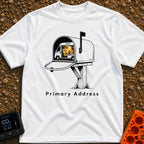 My Permanent Address - T-Shirt in White - An illustration of an open rural mailbox on a wooden post, with a camper van...