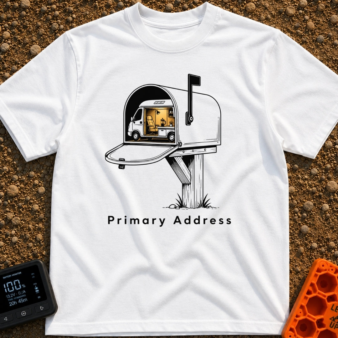My Permanent Address - T-Shirt in White - An illustration of an open rural mailbox on a wooden post, with a camper van...