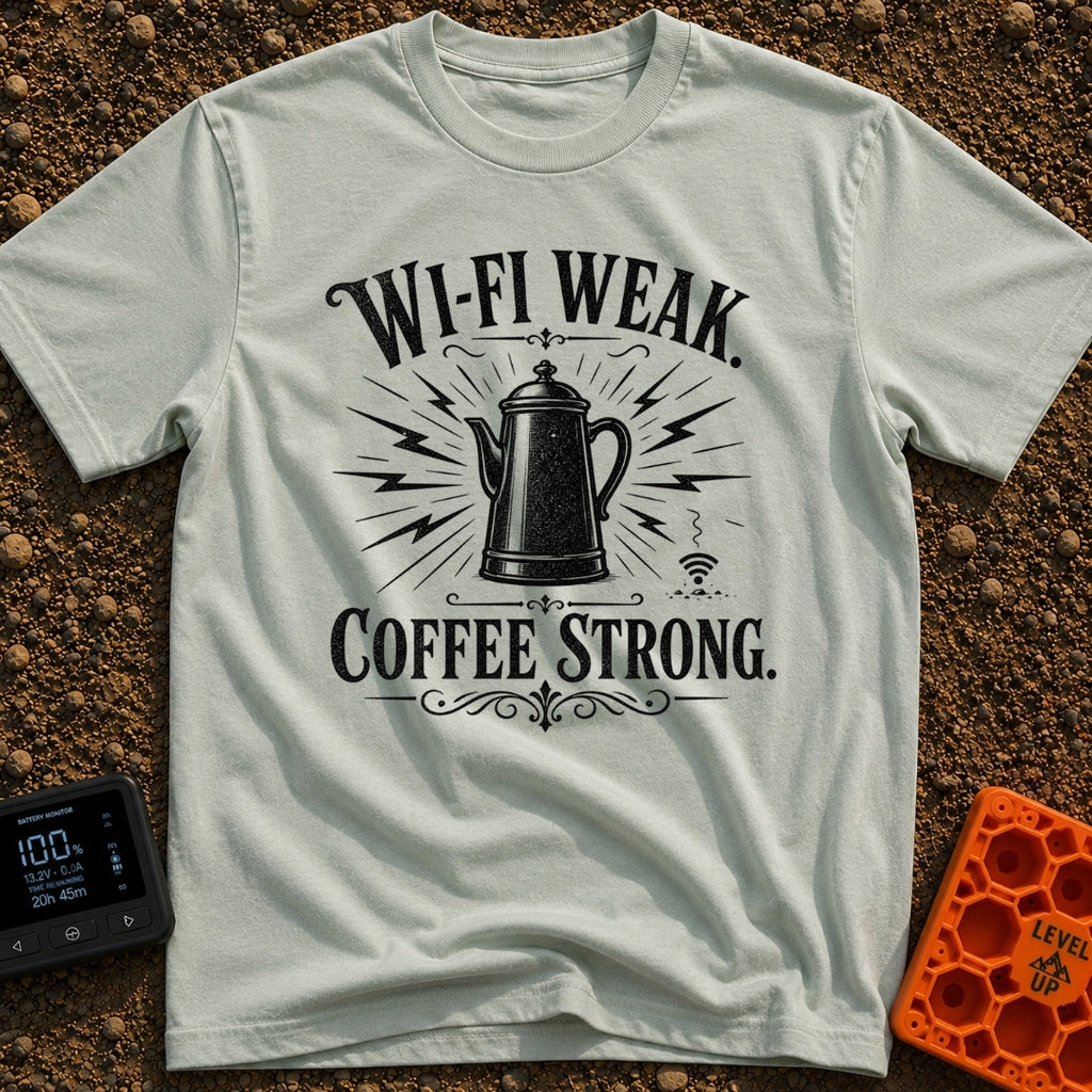 Campfires Over Commutes - T-Shirt in Bay - A vintage-style, black and white illustration of a coffee percolator...