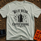 Campfires Over Commutes - T-Shirt in Bay - A vintage-style, black and white illustration of a coffee percolator...