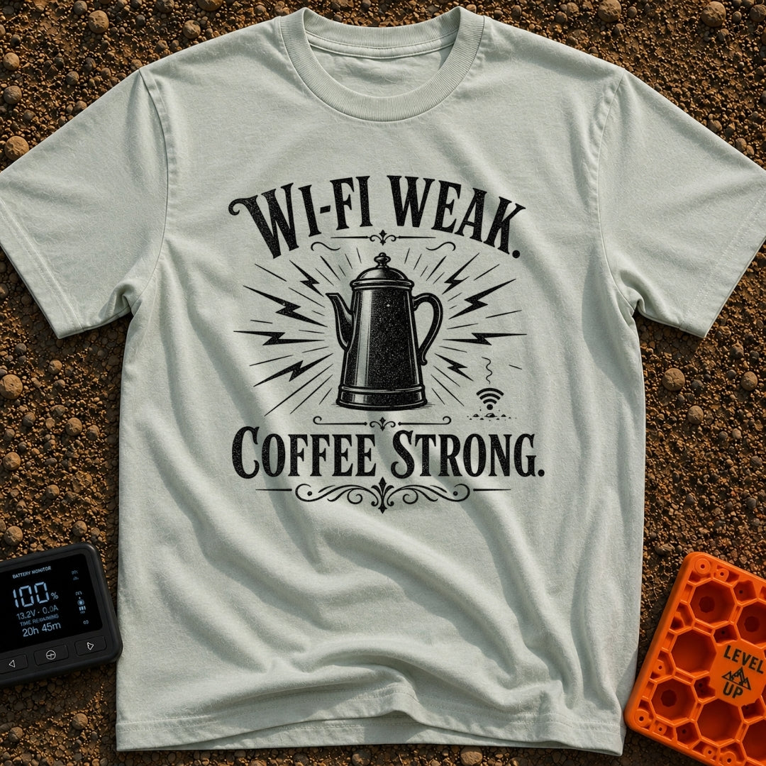 Campfires Over Commutes - T-Shirt in Bay - A vintage-style, black and white illustration of a coffee percolator...