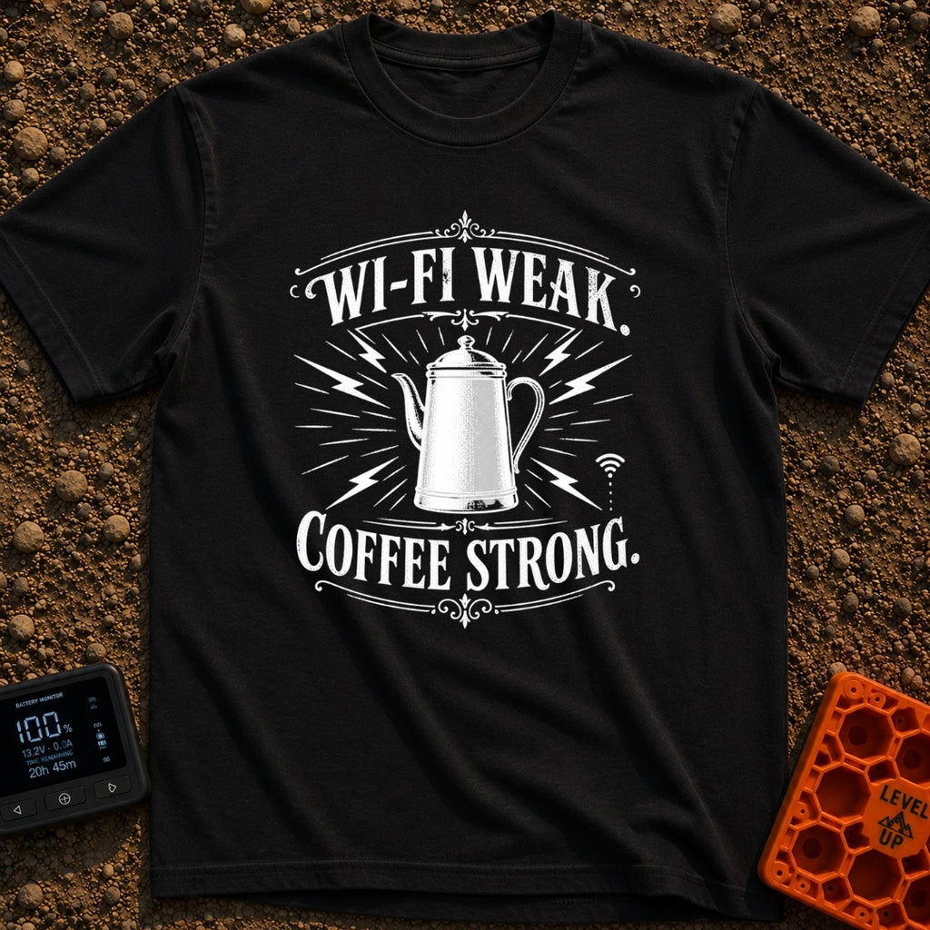 Campfires Over Commutes - T-Shirt in Black - A vintage-style, black and white illustration of a coffee percolator...
