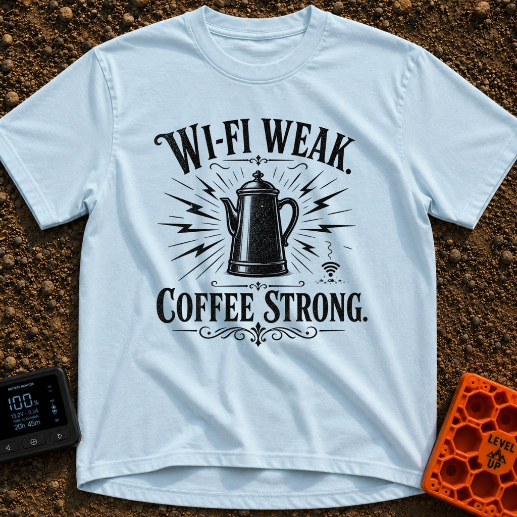 Campfires Over Commutes - T-Shirt in Chambray - A vintage-style, black and white illustration of a coffee percolator...