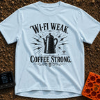 Campfires Over Commutes - T-Shirt in Chambray - A vintage-style, black and white illustration of a coffee percolator...