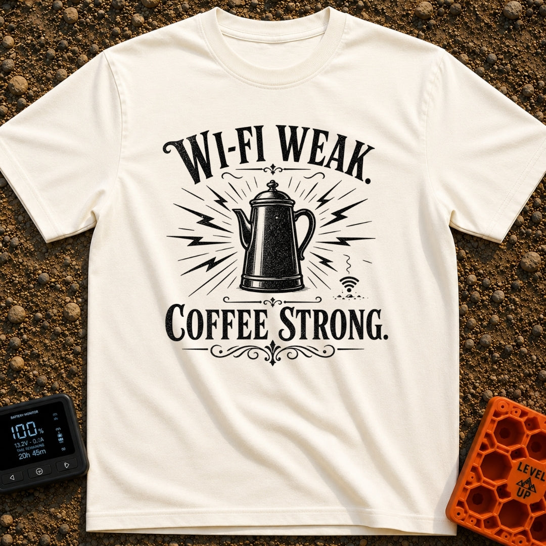 Campfires Over Commutes - T-Shirt in Ivory - A vintage-style, black and white illustration of a coffee percolator...