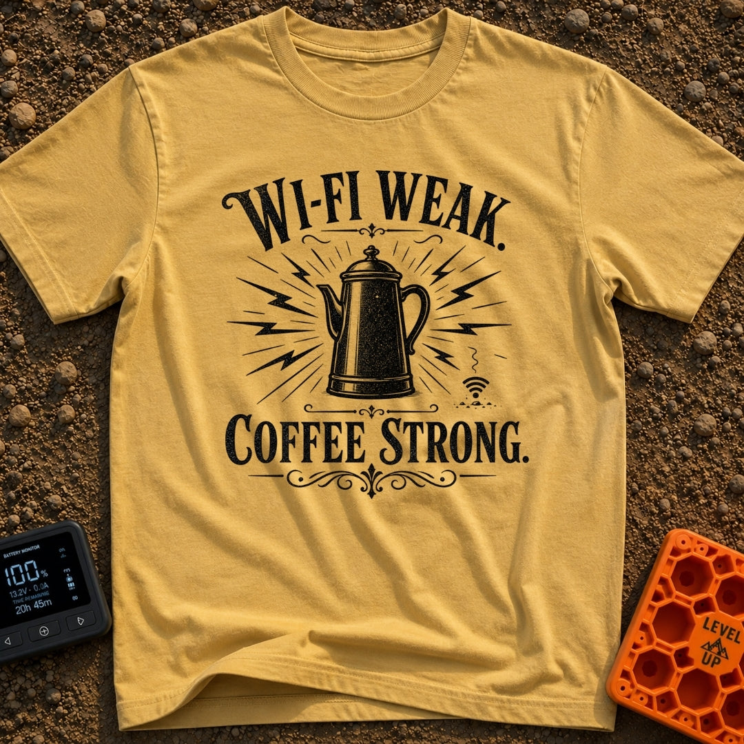 Campfires Over Commutes - T-Shirt in Mustard - A vintage-style, black and white illustration of a coffee percolator...