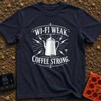 Campfires Over Commutes - T-Shirt in Navy - A vintage-style, black and white illustration of a coffee percolator...