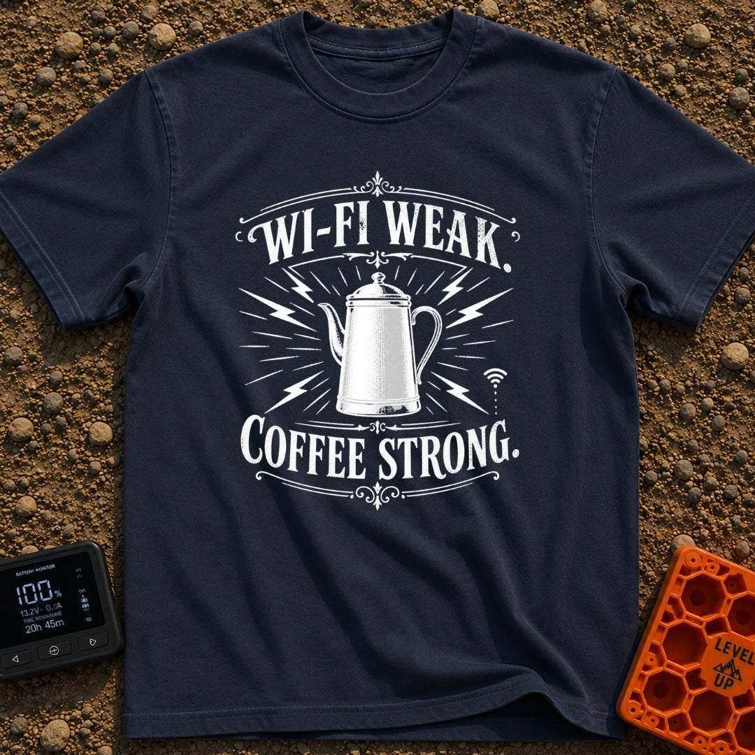 Campfires Over Commutes - T-Shirt in Navy - A vintage-style, black and white illustration of a coffee percolator...