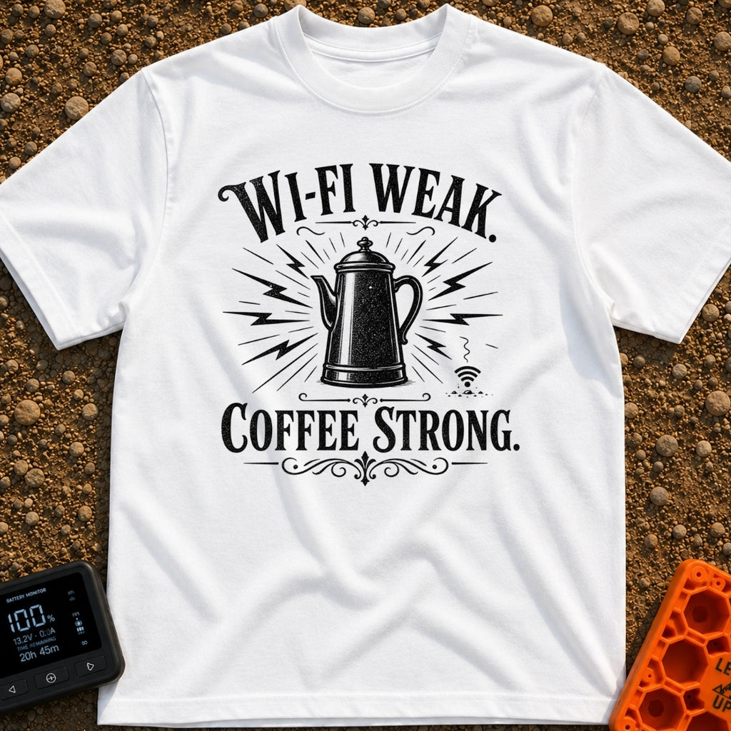 Campfires Over Commutes - T-Shirt in White - A vintage-style, black and white illustration of a coffee percolator...