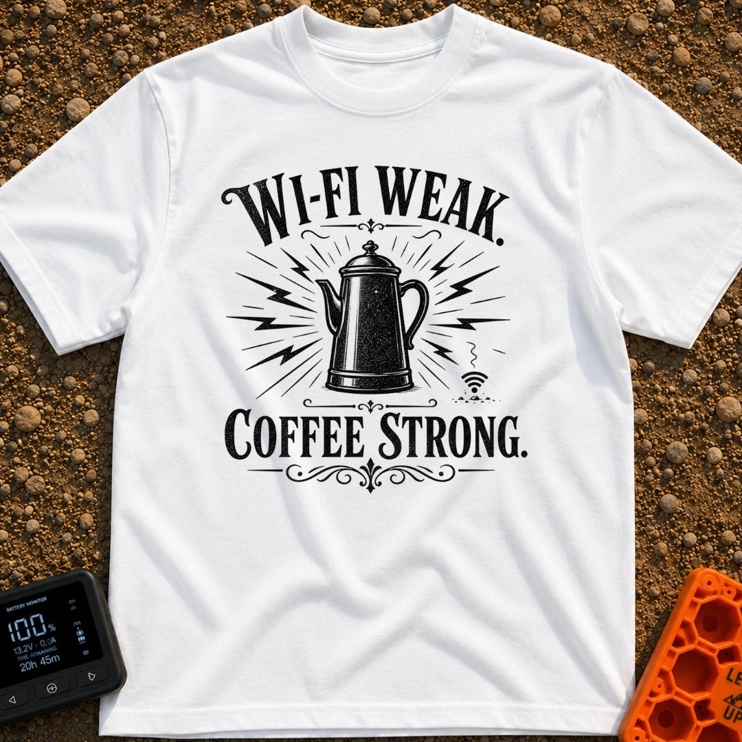 Campfires Over Commutes - T-Shirt in White - A vintage-style, black and white illustration of a coffee percolator...