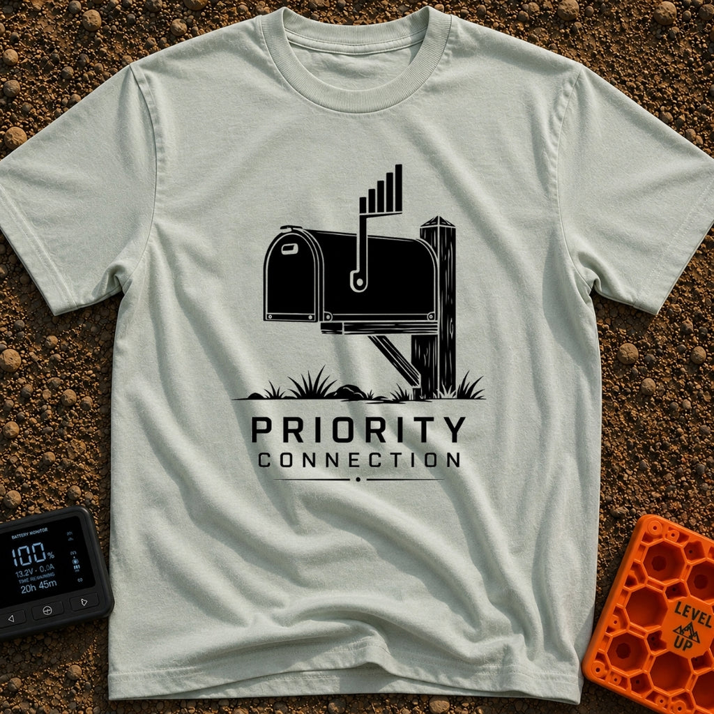 Priority Mail Connection - T-Shirt in Bay - A black and white illustration of a classic roadside mailbox on a wooden post...