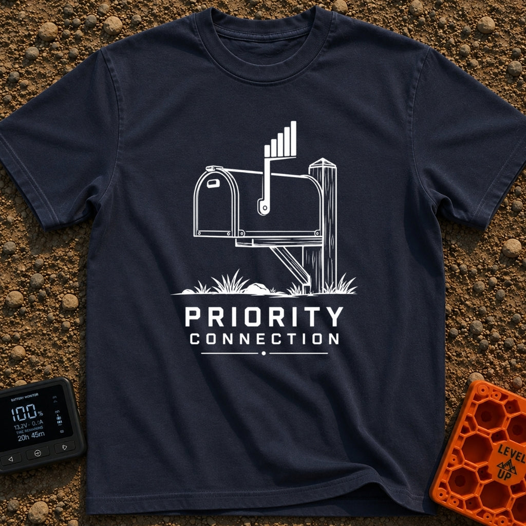 Priority Mail Connection - T-Shirt in Navy - A black and white illustration of a classic roadside mailbox on a wooden...