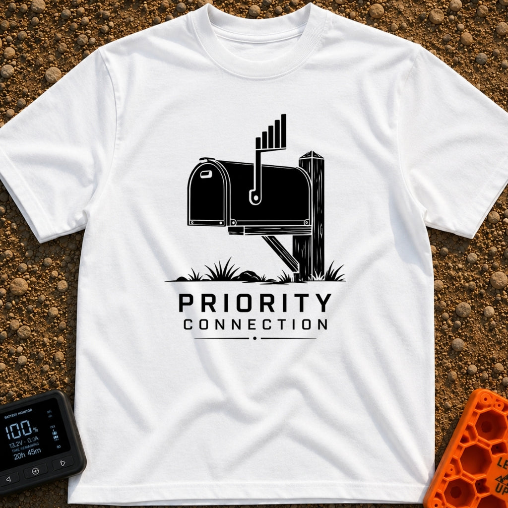 Priority Mail Connection - T-Shirt in White - A black and white illustration of a classic roadside mailbox on a wooden...