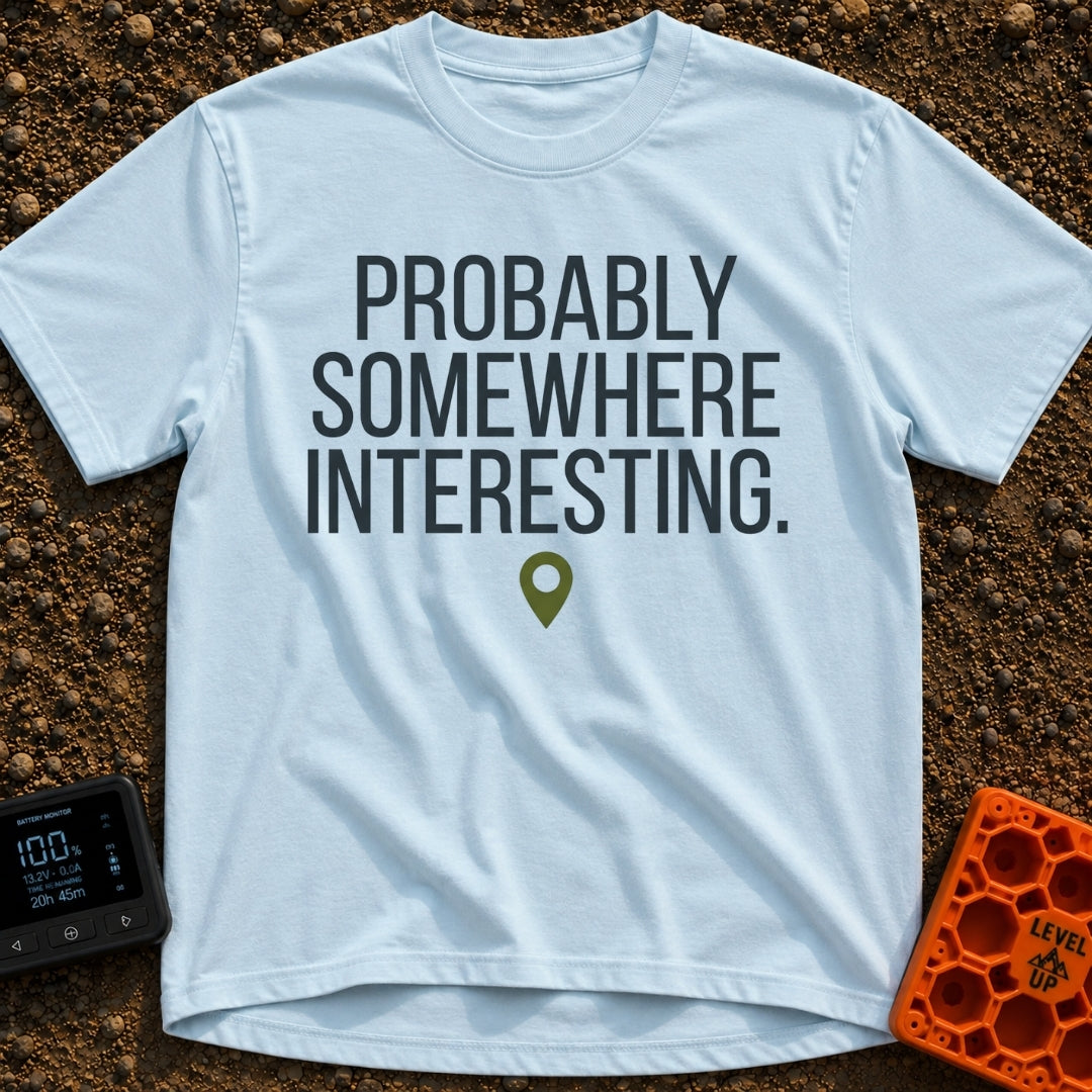 Adventuring Right Now - T-Shirt in Chambray - The design consists of three lines of bold, capital text reading "PROBABLY...