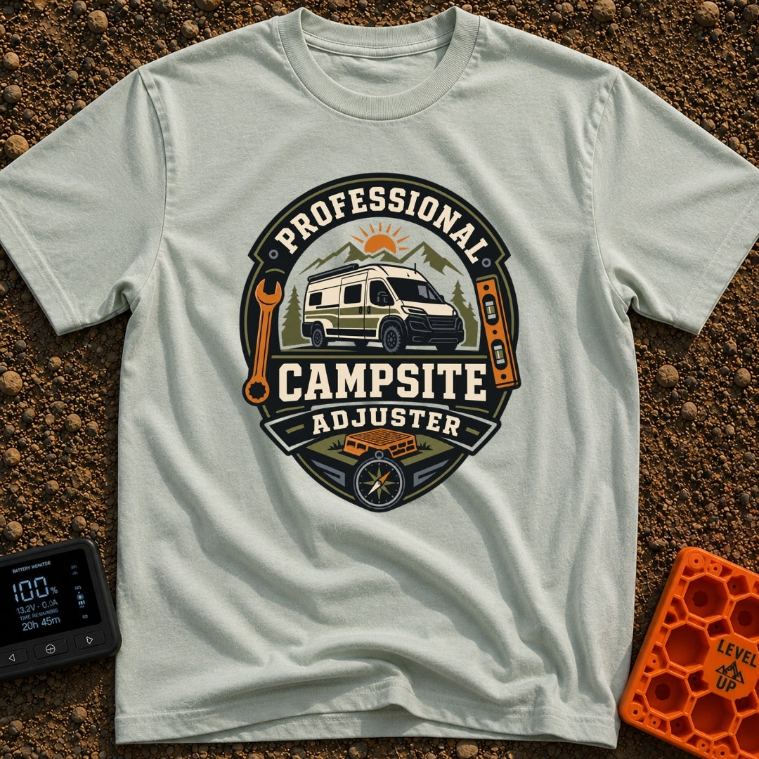 Pro Campsite Adjuster - T-Shirt in Bay - A circular badge graphic showing a camper van parked in front of mountains, pine...
